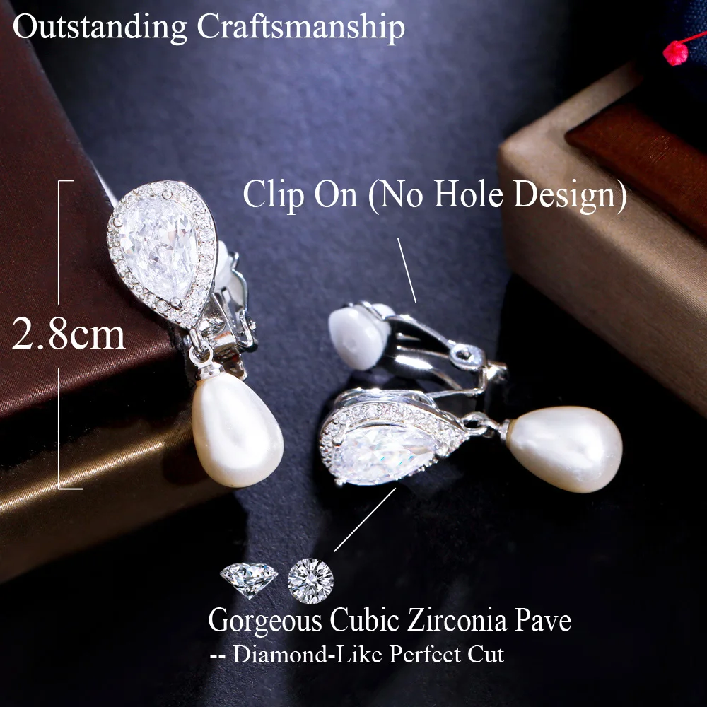 CWWZircons Elegant Design Shiny White Cubic Zircon Dangly Bridal Wedding Party Clip on Pearl Earrings No Piercing Hole CZ496 4