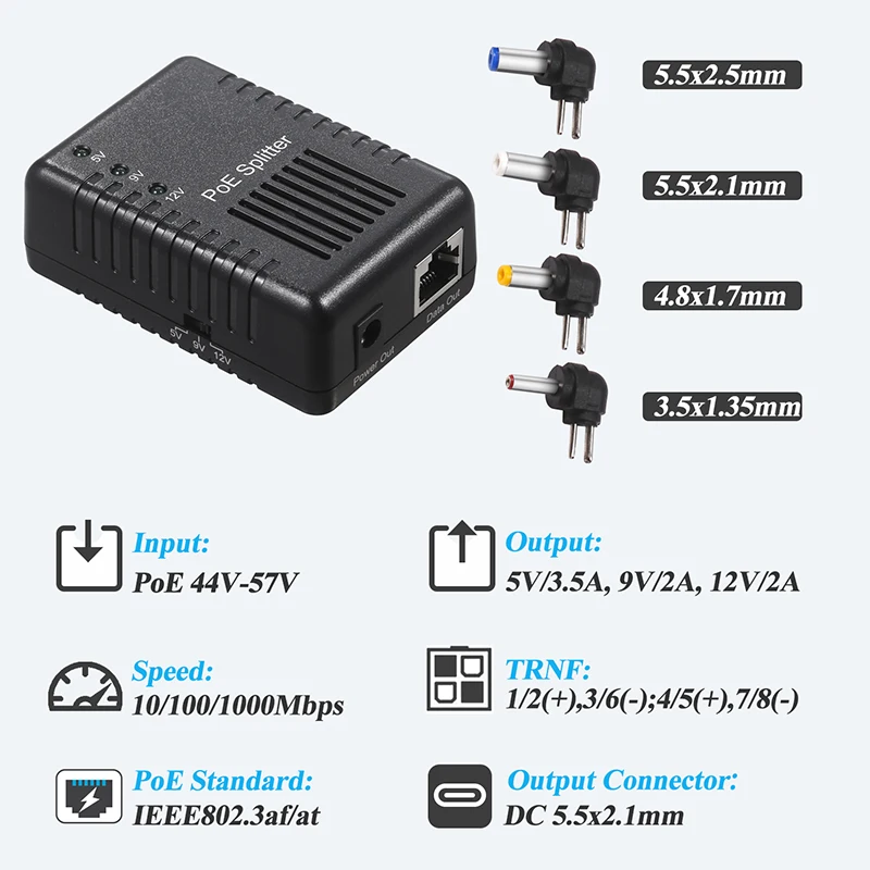기가비트 PoE 분배기, 전환 가능한 전압 5V 9V 12V DIP 스위치 출력, 비-PoE IP 카메라, 라우터, WiFi AP 장치용