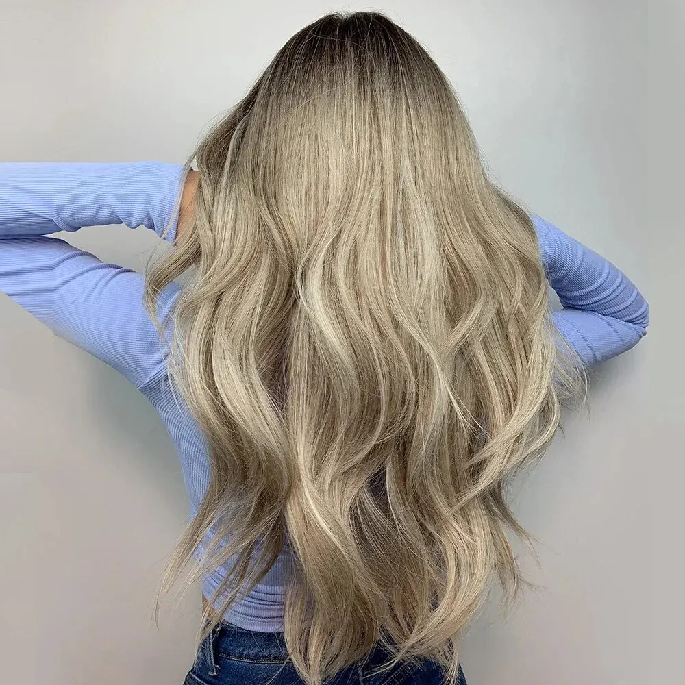 Brun Blond Ombre Peruk Naturligt Hår För Kvinnor Lång Vågig Med Mörka Rötter Syntetisk Peruk För Kvinnor Värmebeständig Coaplay Peruker_voghion.com