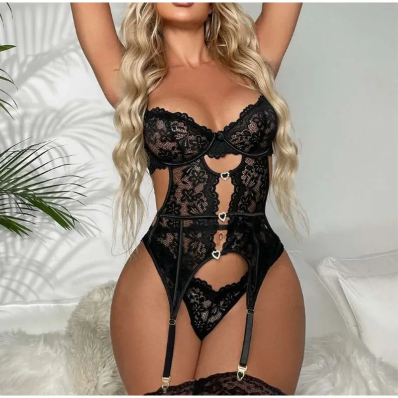 sheer lace garter set front view