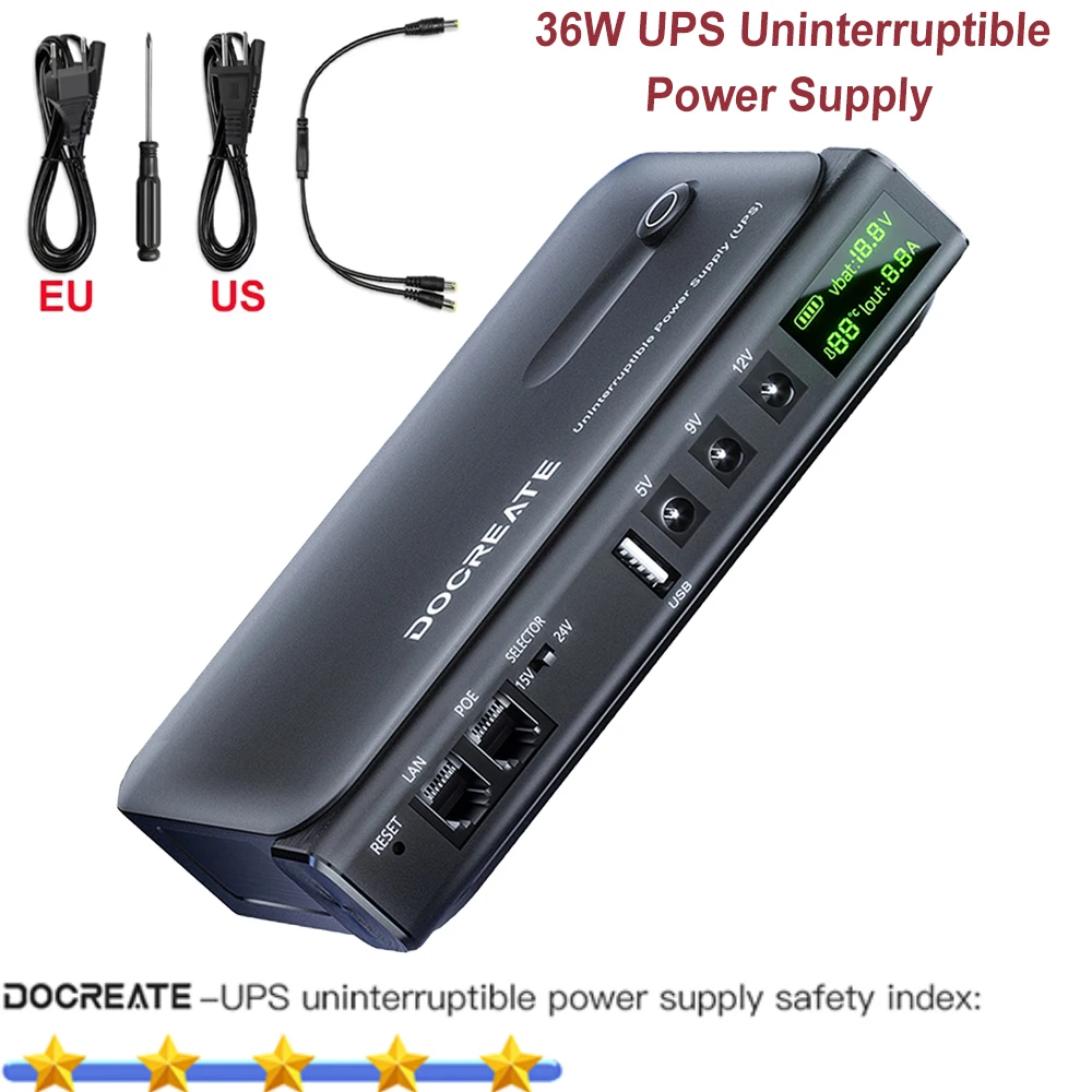 เครื่องสำรองไฟฟ้าแบบต่อเนื่อง DC1036L 36W 5V 9V 12V 24V สำหรับเราเตอร์ WIFI แบบพกพา จอภาพออปติคอล ชาร์จแบตสำรอง ปลั๊ก EU/US 1