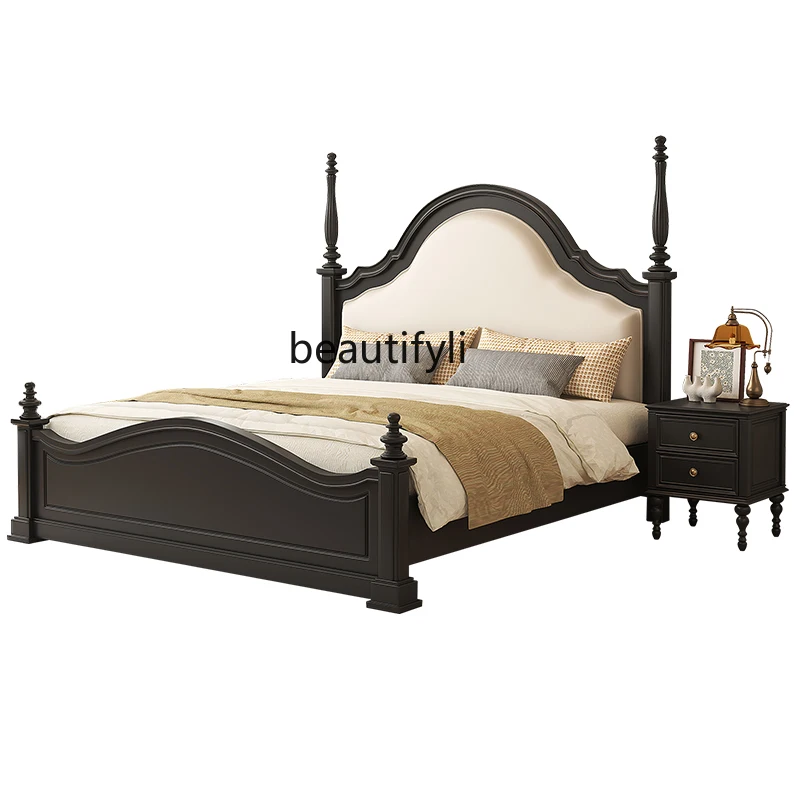 

French Retro Chinese Style Full Solid Wood Bed Carved Roman Column Black American Retro Master Bedroom Marriage Bed Princess Bed