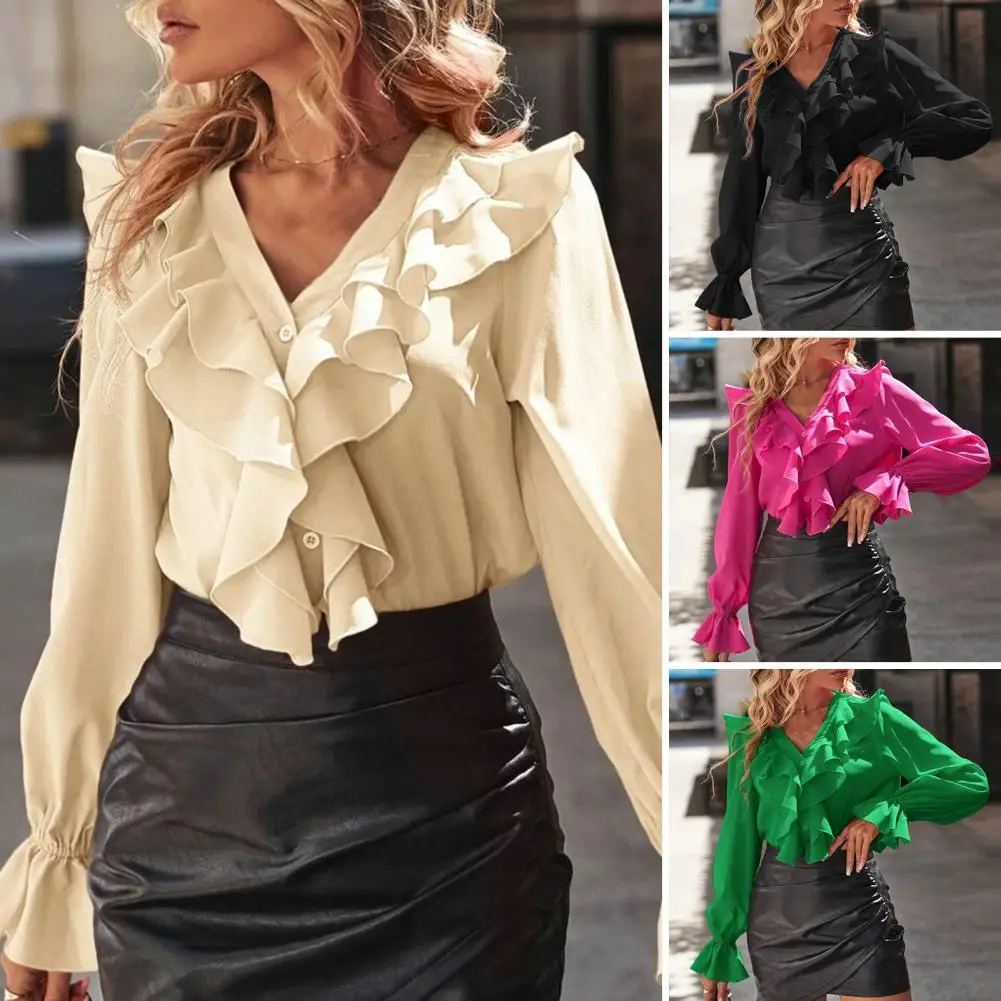 

Women Commute Top Elegant V Neck Ruffle Blouse Solid Color Puff Sleeve Shirt Women's Ol Commute Style Top Soft V-neck Top