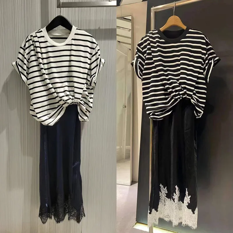 

Women's O-neck Short Sleeve Striped Midi Robe Casual 2024 New Satin Crepe Lace Fake Two Pieces Dress