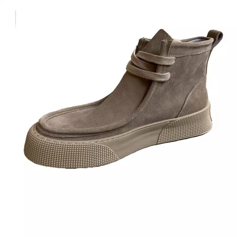 Men Retro Leather Shoes Thick Sole Mid Top Couple Casual Short Boots Autumn/Winter Men's Ankle Boots Thick Sole Desert
