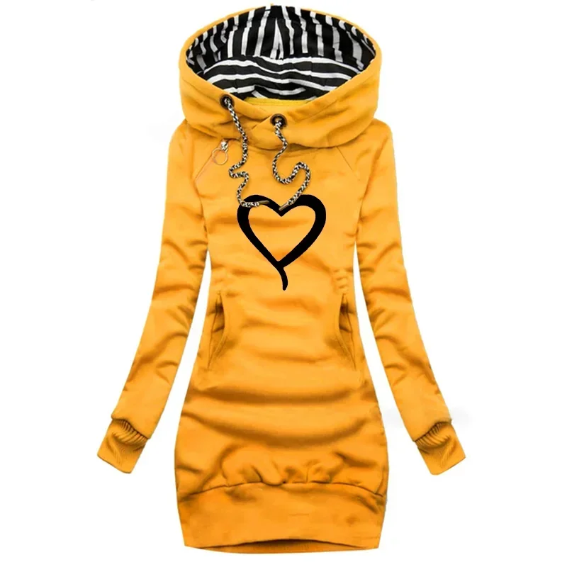 

Spring Autumn Women Slim Long Hoodies Dress Striped Fashion Ladies Love Print Zipper Pocket Thickening Femme Clothing