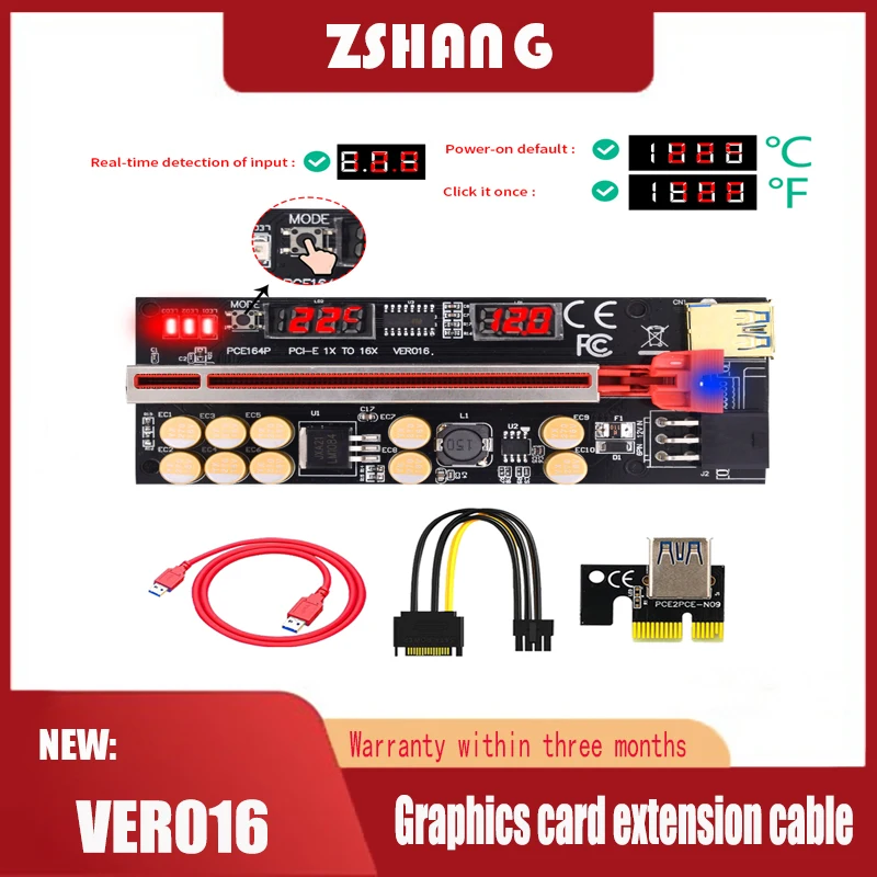 New Riser 016 VER016 PCI-E PCIE PCI E Express Card Temperature Voltage GPU 1X X16 6pin USB Mining For Video |