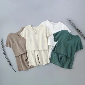 Summer Children's Clothing Set for 0-7Y Boys & Girls Cotton Linen Muslin Suit T-shirt Tops + Shorts 2pcs Baby Loungewear Outfit