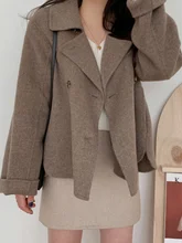 

2022 Fall Elegant Double-breasted Loose Short Woolen Coat Long Sleeve Wool Coats Women Winter Lapel Pocket Solid Color Outerwear