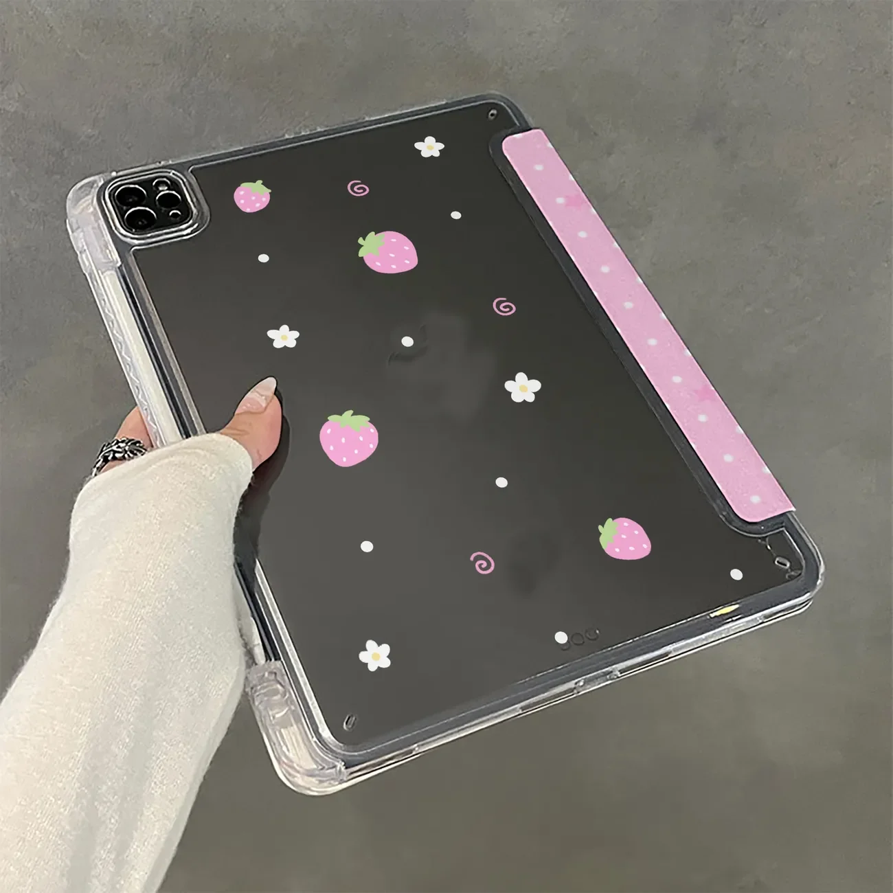 Polka Dots Strawberry Design Smart Tablet Case with Pen Holder and Folded Edge