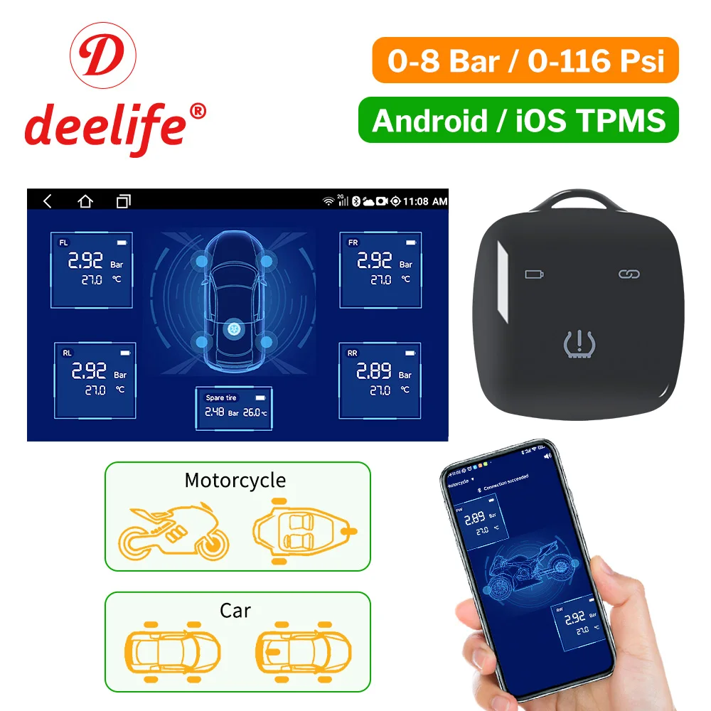 Deelife-TPMS 안드로이드 iOS 블루투스 호환 타이어 압력 모니터 시스템, 차량 및 오토바이 바이크 센서, BLE 컨트롤