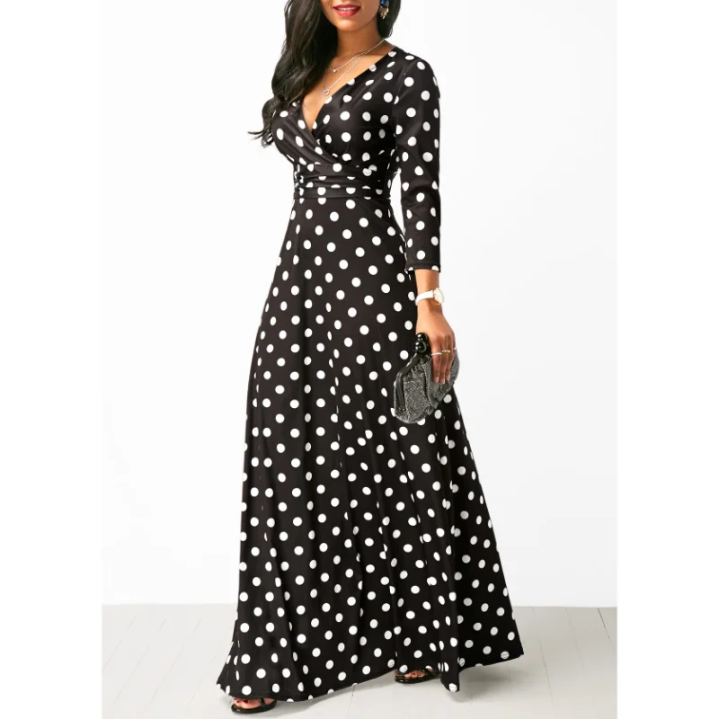 

Women Sexy V Neck Long Sleeve Polka Dot Casual Long Maxi Dress Ladies Party Long Dress Y2k Beach Sundress Korean Vintage Clothes