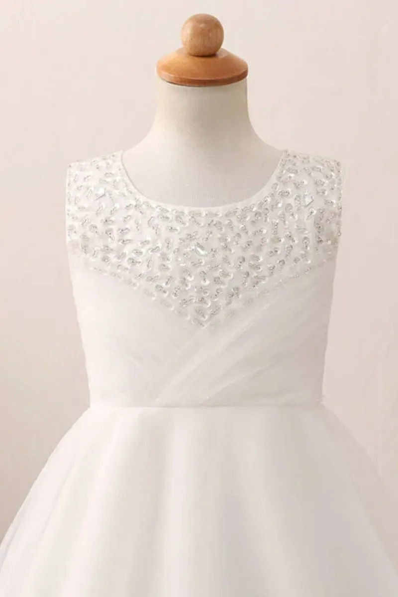 

White Flower Girl Dress Cute Sequined With Bow Knot Sleeveless Fit Wedding Party Birthday First Communion Gowns