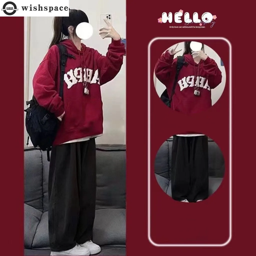 College Style Autumn and Winter New Set Women's Korean Version Loose Hooded Top+casual Wide Leg Pants Two-piece Set Trend men s sweater 2022 autumn and winter models korean version of the round neck sweater fashion personality jacquard trend wire cas