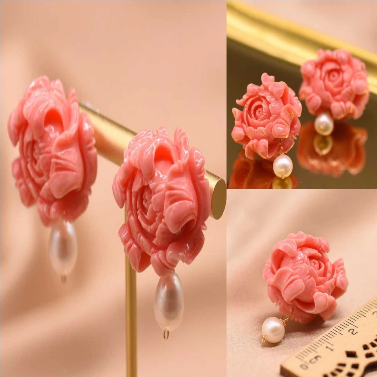 Coral flowers Baroque White pearl Earrings 14K Unisex Office Earbob Ear Cuff Bohemian Diamond Stud Wedding Silver Gemstone
