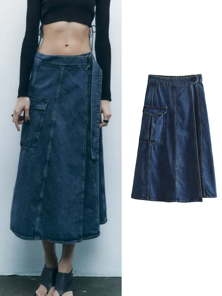 TRAF Summer 2023 New Women's Long Denim Skirt Vintage High Wasit Jeans
