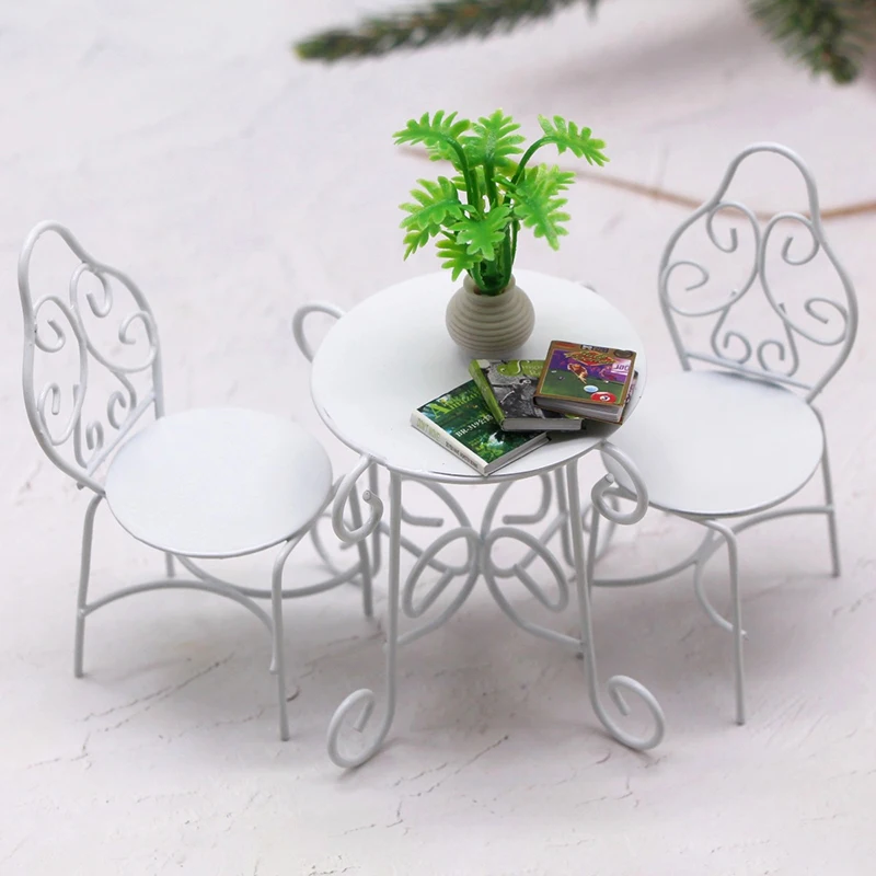 

1Set 1:12 Dollhouse Miniature Table Chair Set Iron Art Tea Table Chairs Home Outdoor Garden Model Doll Home Furniture Decor Toy