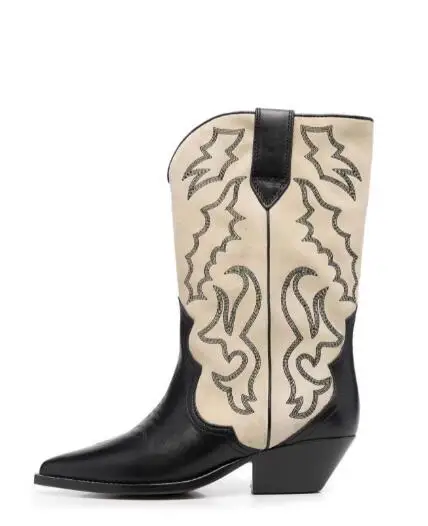 

New Patchwork Embroidered Medium Square Heel Slip On Mid-calf Leisure Boots Women Western Cowboy Pointed Toe Short Booties