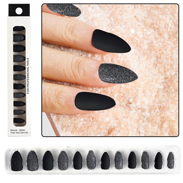 Matte False Nails Nail Art Fake Nails Gel Tips Full Cover Teardrop Shaped Artificial Press Nails Glitter Powder Fake Nails