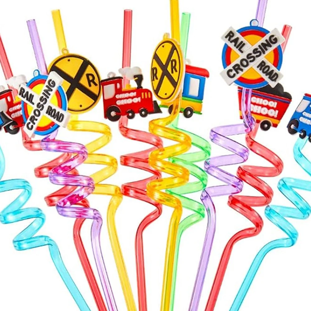 

24 Pcs Train Birthday Decorations Cute Plastic Train Drinking Straws Reusable for Kids Train Party Supplies Favors
