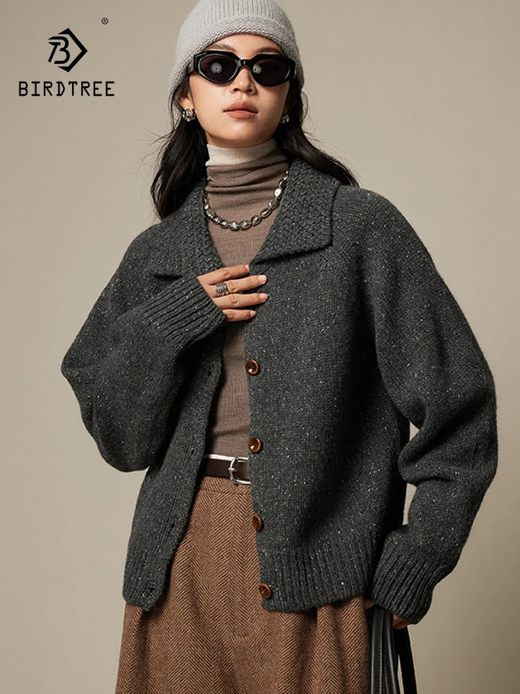 

Birdtree 100%Merino Wool Lapel Sweater Coat Women's Autumn/Winter Thick Single Breasted Commuting Knitted Cardigan Top T30829QC