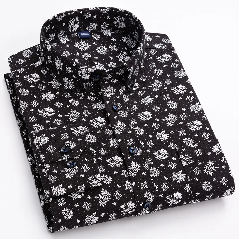

Cotton Oxford Men Shirt Floral Long Sleeve Casual Plus Size 7xl Man Leisure Print Shirts with Front Pocket New