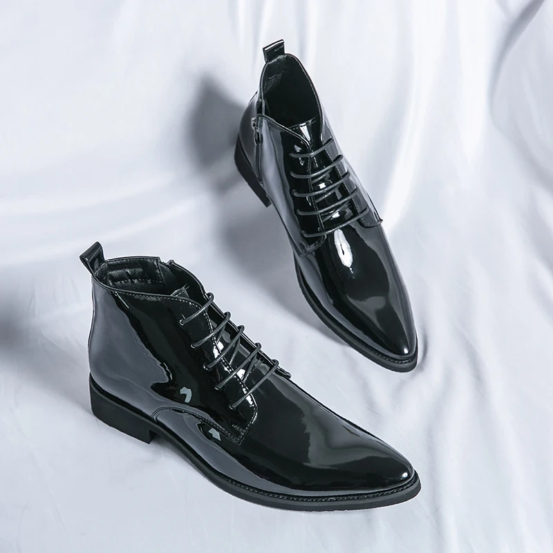 Luxury Chelsea Boots Men's Shiny Leather Shoes Pointed High Top Shoes Men's Banquet Dress Shoes High-end Purple Red Short Boots