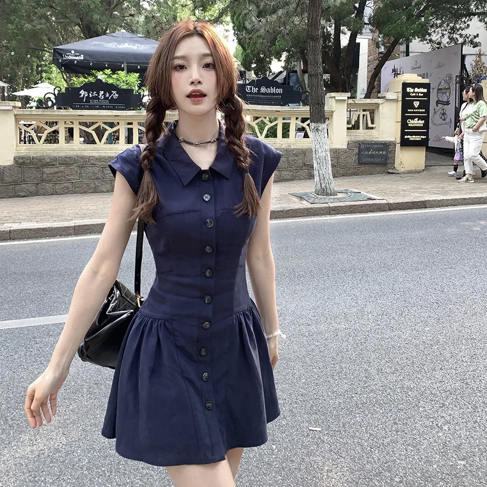 

Korean Style Elegant Ladies Vintage Office Dress 2024Summer Sleeveless Mini Pleats Dresses Female Casual Party Preppy Chic Dress