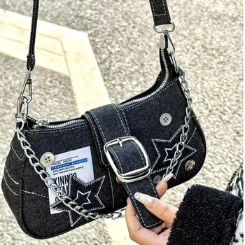 Y2k Fashion Women's Handbags Stars Pattern Cool Girls Underarm Bag Vintage Canvas Female Small Shoulder Bags Chain Tote Purses 1