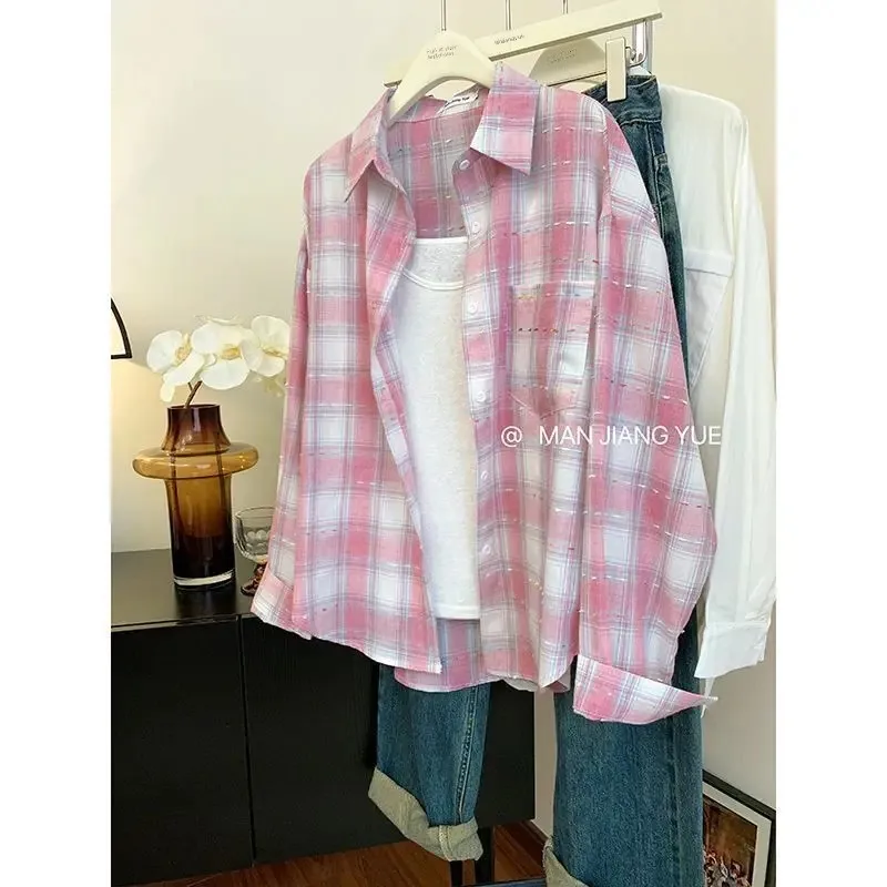 Chic Plaid Shirt Jacket Women's Loose Outerwear Spring Summer New Korean Style Small Niche Couple Match Tassel Decorated Polyest