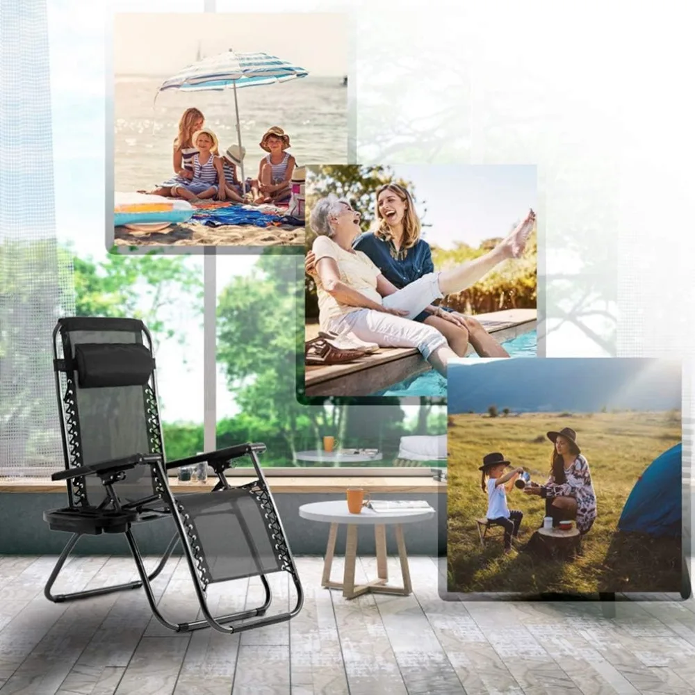 Zero Gravity Lawn Lounge Chairs Set of 2 with Pillow and Cup Holder - Adjustable Reclining Folding Outdoor Chairs for Deck, 6