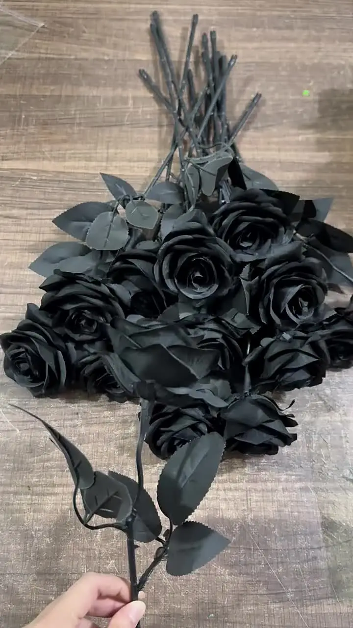10 Schwarze Halloween Rosen - Gothic Kunstblumen Für Deko & Partys