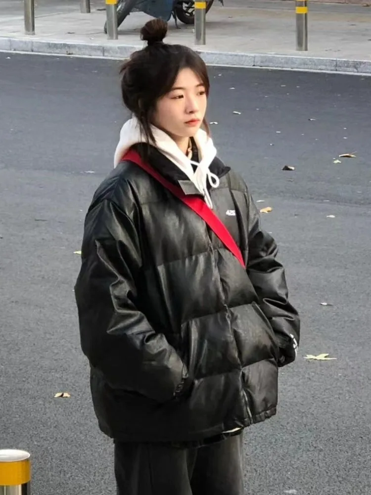 

Винтажная уличная одежда HOUZHOU, повседневная куртка-пуховик, корейская модная утепленная ветрозащитная однотонная Минималистичная парка из искусственной кожи, пальто в стиле преппи