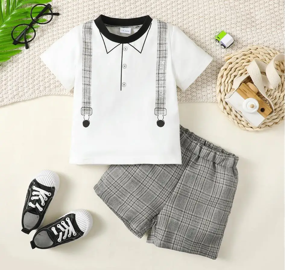 

Boys Summer clothes outfits 12-24m Baby Printed gentleman short sleeves shirts tops and shorts 2pcs/set Toddler infant clothing