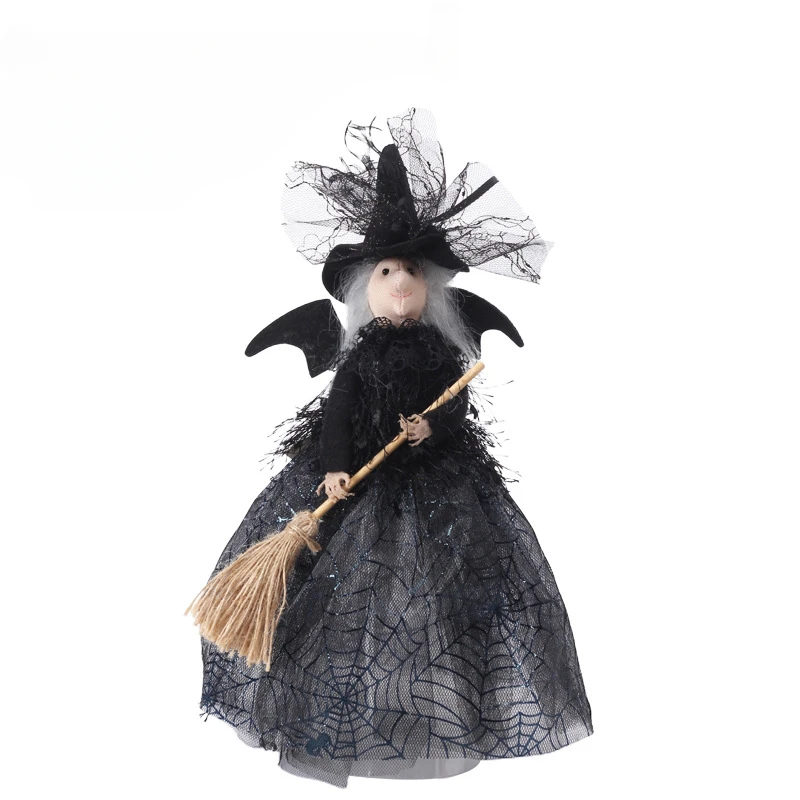 Halloween Broom Witch Doll Haunted House Doll Ornaments Black Spider Web Dress Witch Halloween Ghost Festival Decorate Props