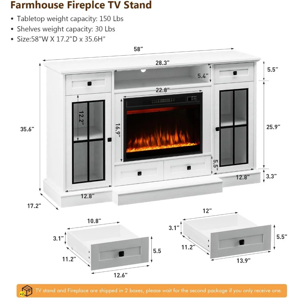 58” Fireplace TV Stand, TV Table for TVs up to 65 Inch, Entertainment Center with 23" Electric Fireplace, Glass Doors 2
