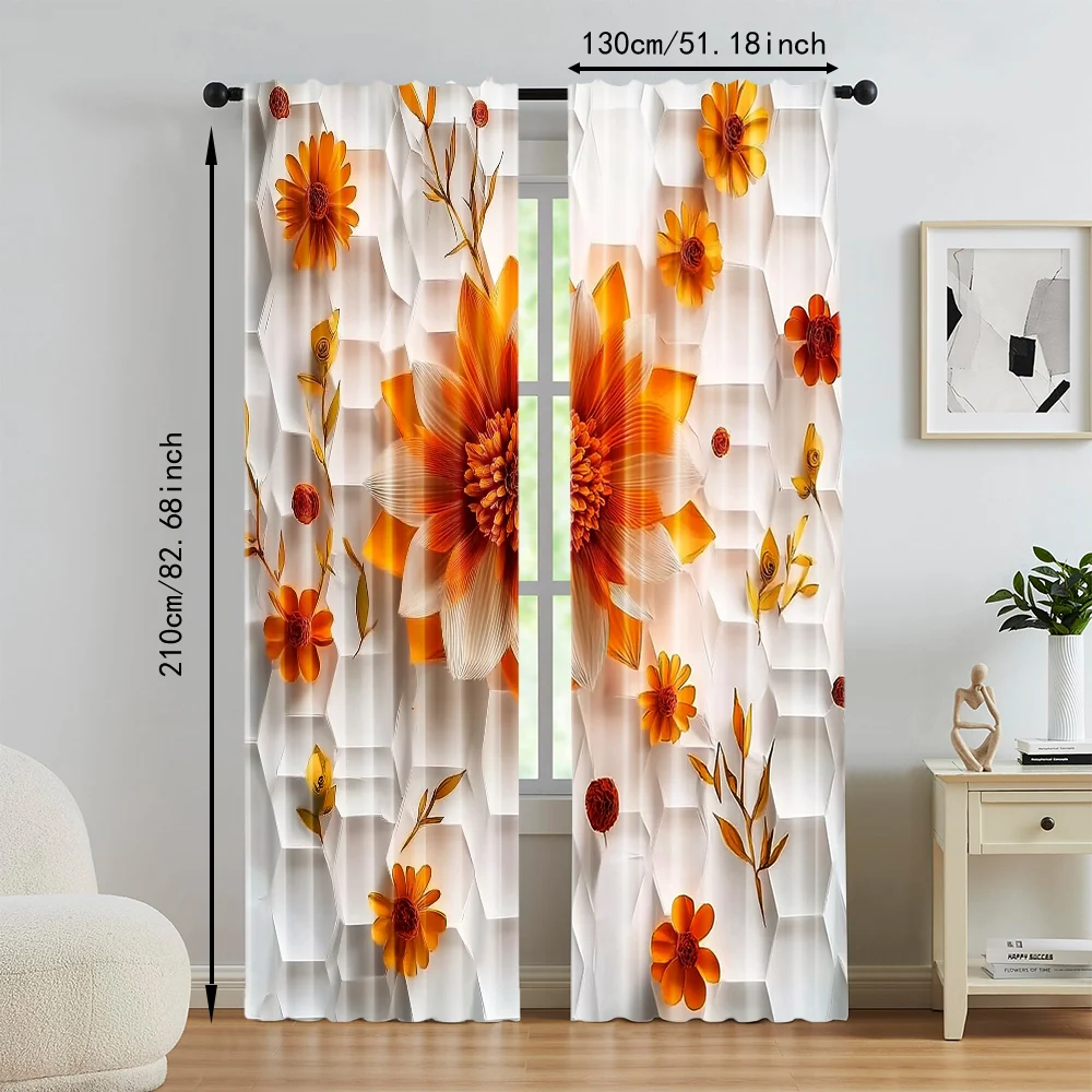 2Pcs Glam Style Curtain Panels Orange Red Floral Print With Hexagon Background Machine Washable Polyester Decorative Drapes_ai2 5