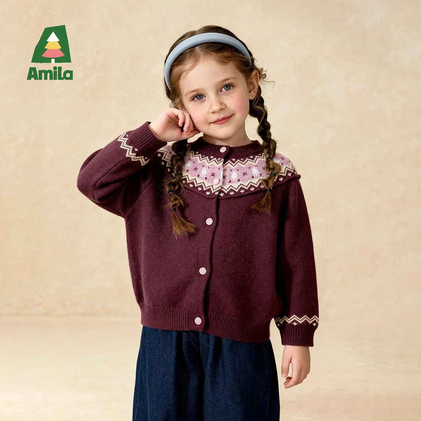 아밀라 키즈 2025 겨울 여아 노르딕 스타일 니트 가디건 레트로 기하학 패턴 자카드 두꺼운 따뜻한 피부 친화적