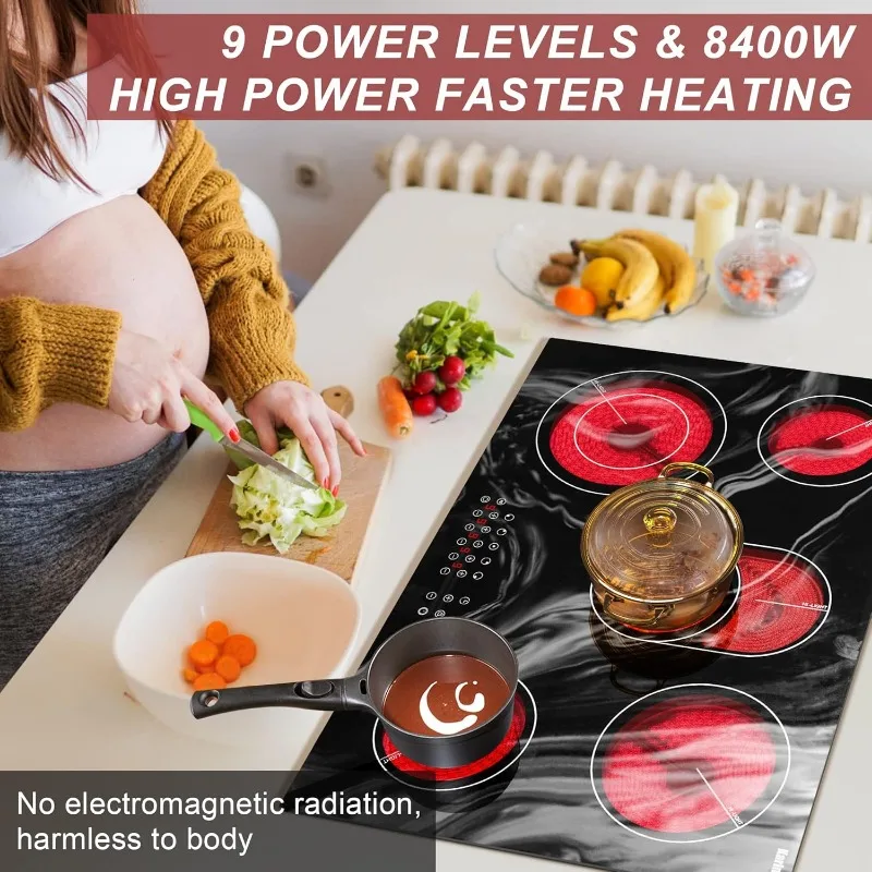 Karinear Electric Cooktop 30 Inch,Built-in Electric Stove Top 5 Burners Ceramic Cooktop Wave Pattern,8400W,220-240V Hard Wire