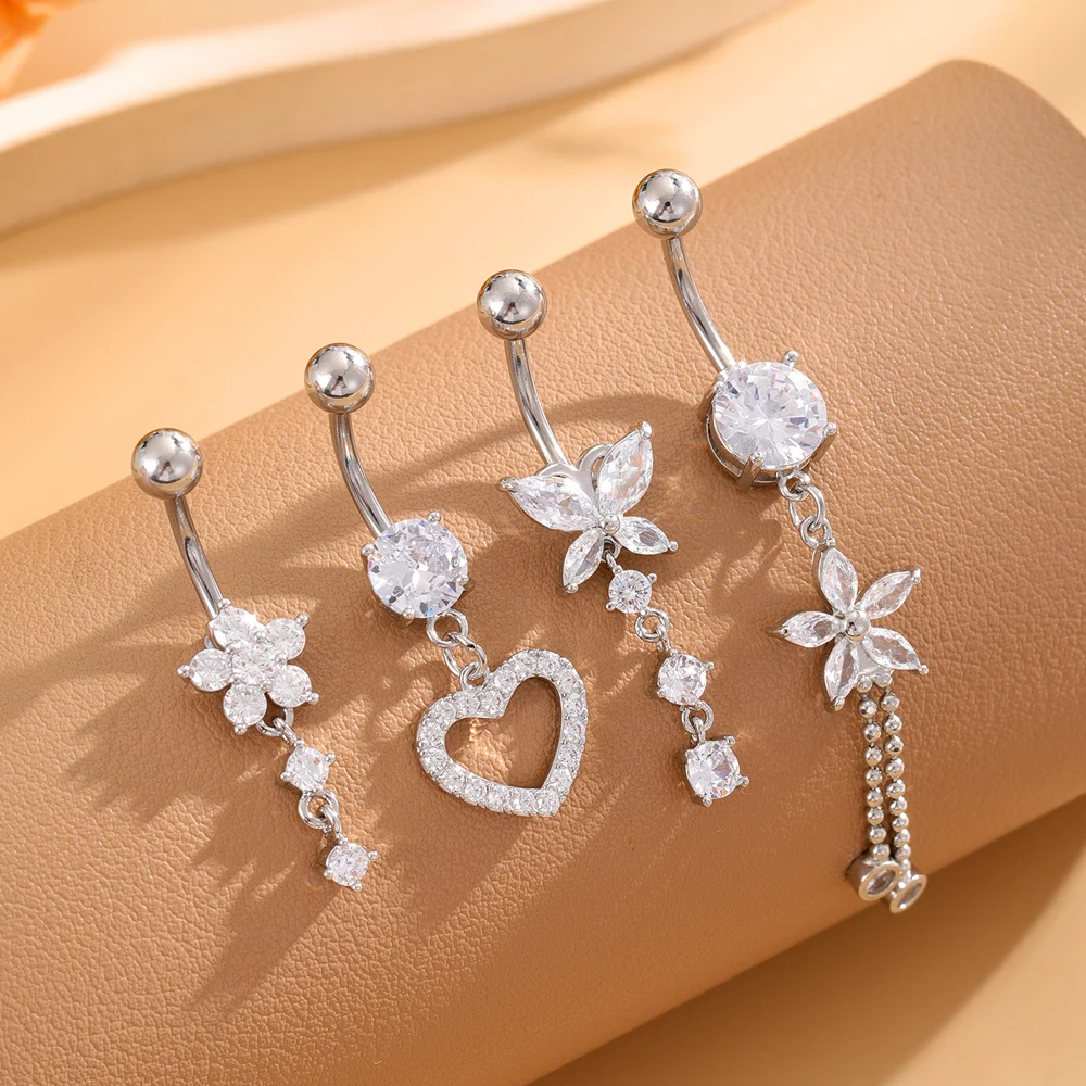 3-5pcs Mixed-Style Sets Heart Flower Dangle Belly Button Rings Stainless Steel Butterfly Curved Zircon Belly Piercing Navel Ring 4