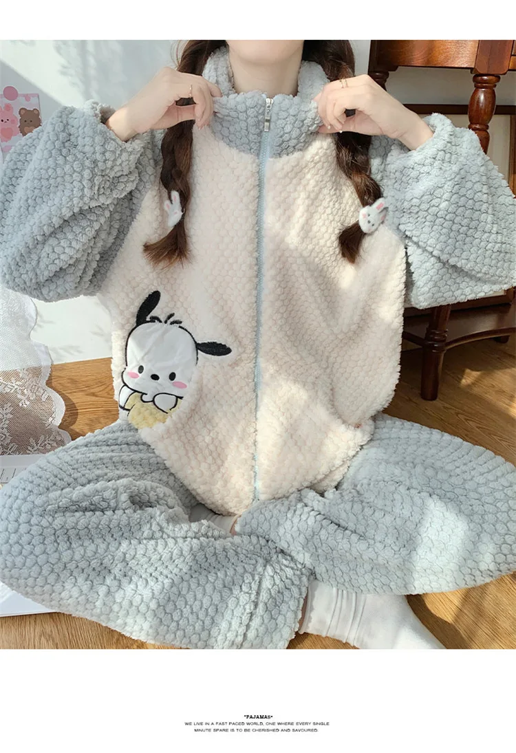 Pochacco Pajamas Kawaii Sanrio Cute Girl Coral Fleece Thicken Keep Warm Tracksuit Set