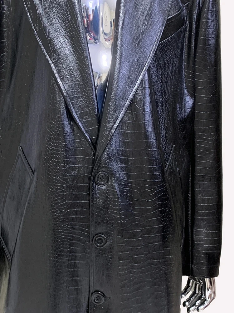 Mauroicardi Spring Autumn Maxi Black Crocodile Print Pu Leather Trench Coat Men Single Breasted Luxury Designer European Fashion 6