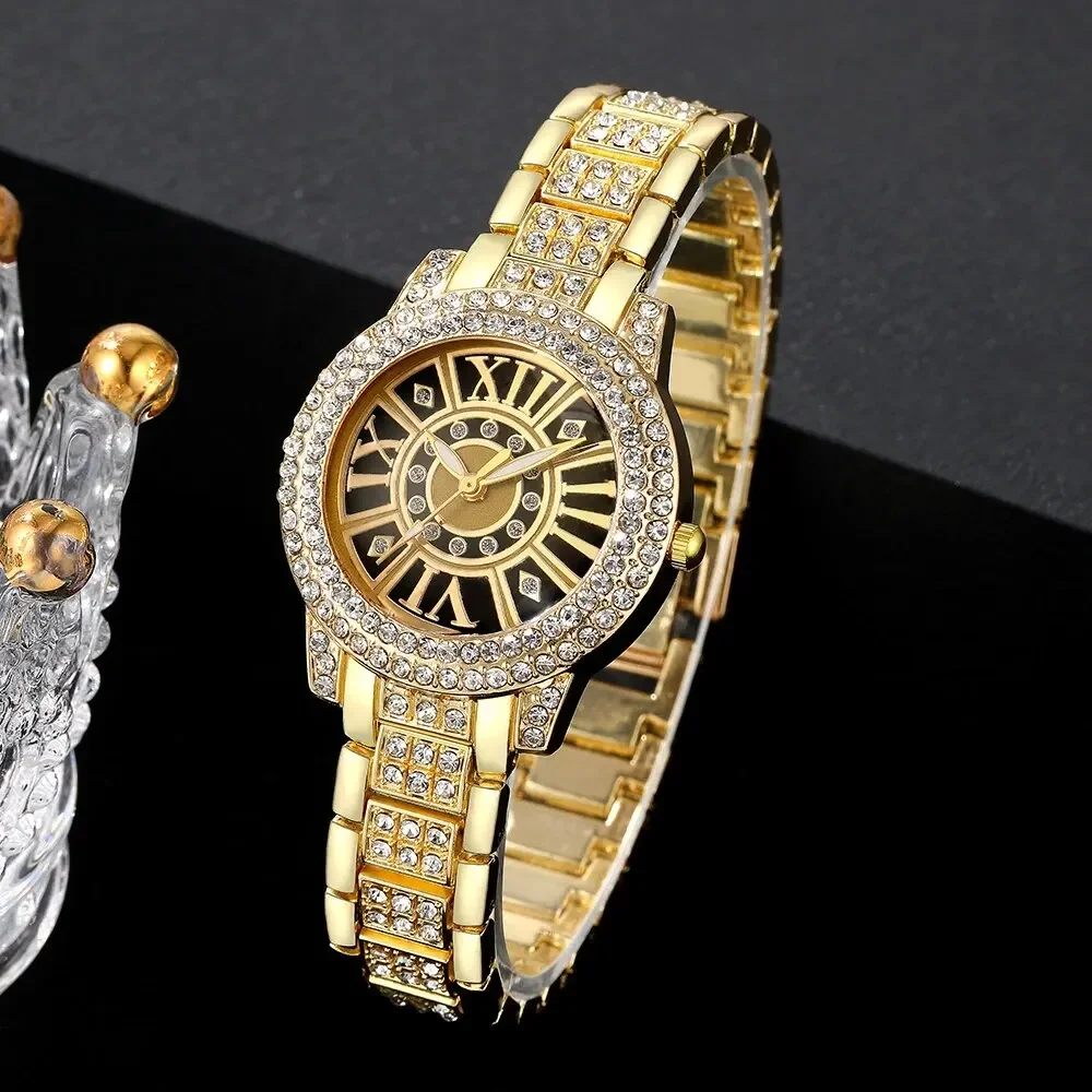 2pcs Women's Watch Gorgeous Style Diamond studded Alloy Steel Strip Quartz Watch and Diamond studded Cuban Chain Bracelet 6
