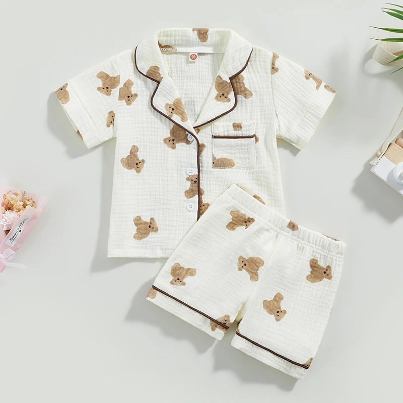 

1-6Y Summer Kids Girl Boy Pajamas Set Button Down Pajama Shirt Top Pants Shorts Bear Sleepwear Pjs Set Nightwear Loungewear