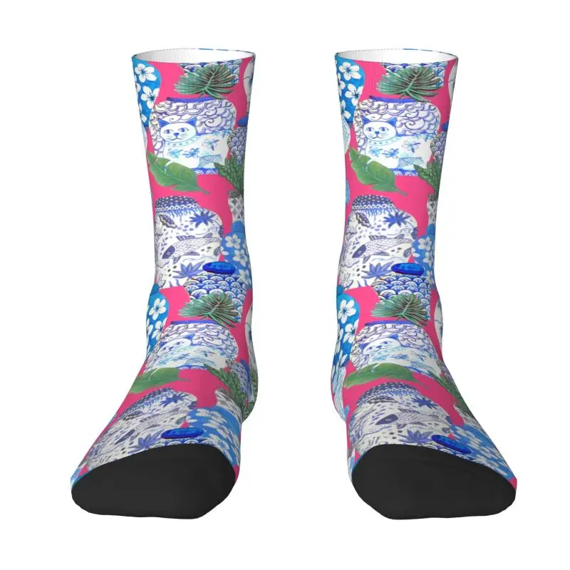 

Blue White Ginger Jars On Hot Pink Chinese Men's Crew Socks Unisex Fun Watercolor Chinoiserie House Plants Winter Dress Socks