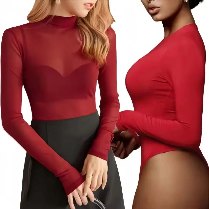 Open Crotch One-pieces Sheer Black red Long Sleeve Sexy Bodysuits Shirts Tops Lingerie Club Street wear for Woman Plus Size 3XXL