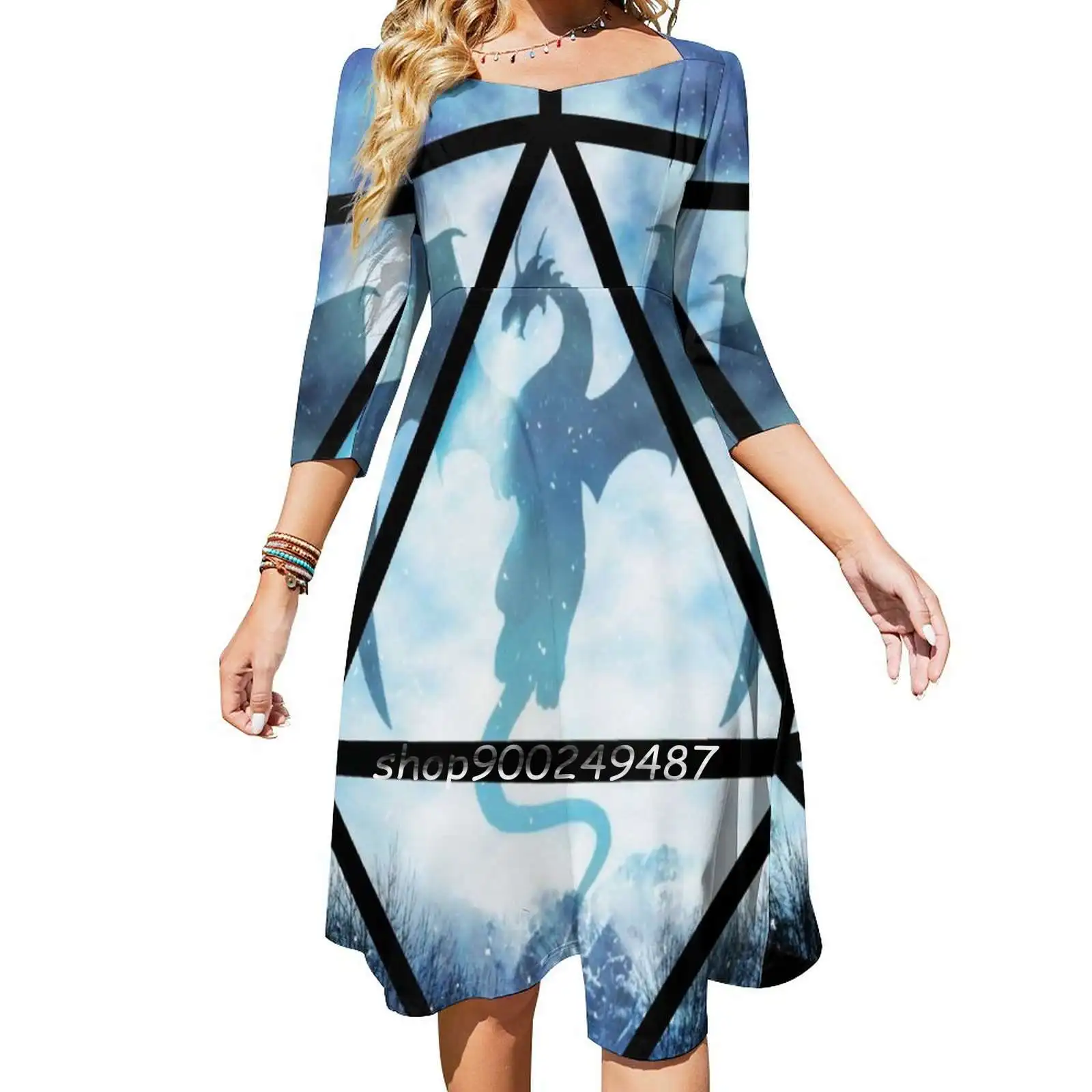 Blue Sky Ice Dragon D20 Square Neck Dress Cute Loose Print Dresses Elegant Beach Party Dress Rolling Dice D20 Critica L Dnd Rpg