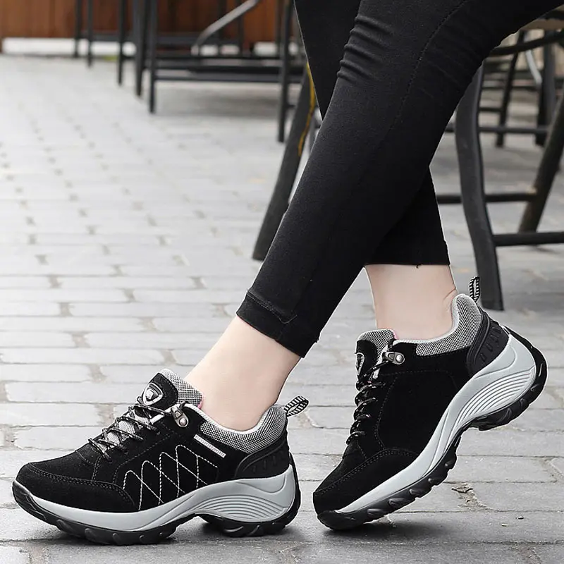 Ladies Sneakers Casual Lace-Up Thick Sole Wedge Heel Non-Slip Running Shoes Non-Slip Camping Mountaineering Hiking Shoes Zapatos