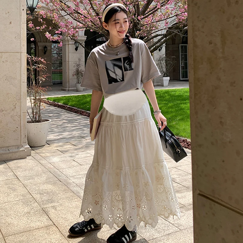 

Beige Pregnant Women Lace Skirts High Waist Ruffles Patchwork Summer Maternity Maxi Skirts Fashion Long Pregnancy Cotton Skirts