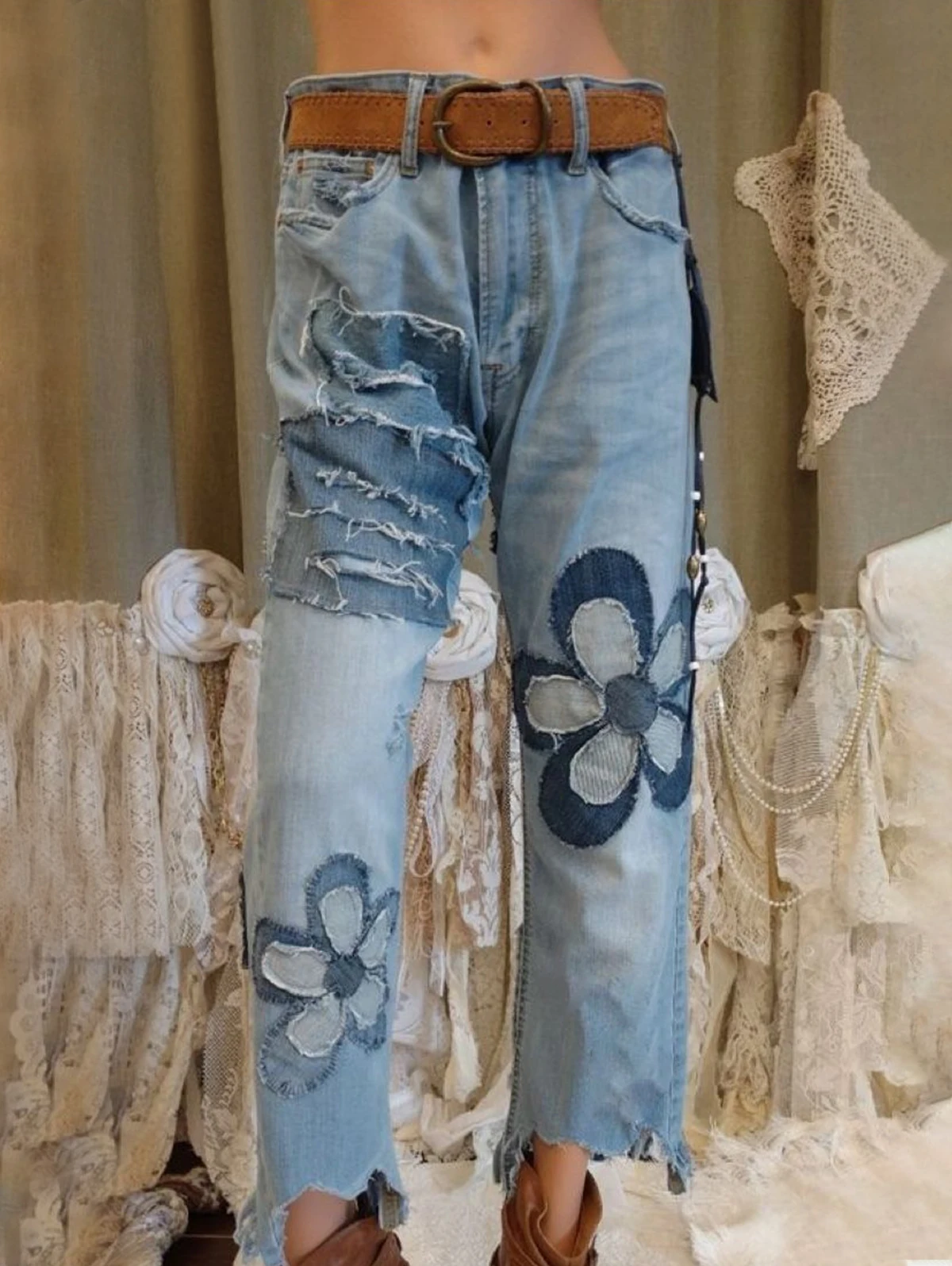 

Summer Fashion Clothes Ladies Loose Floral Jeans Womens Luxury Embroidery Denim Trousers Female Ripped Elastic Harem Pants